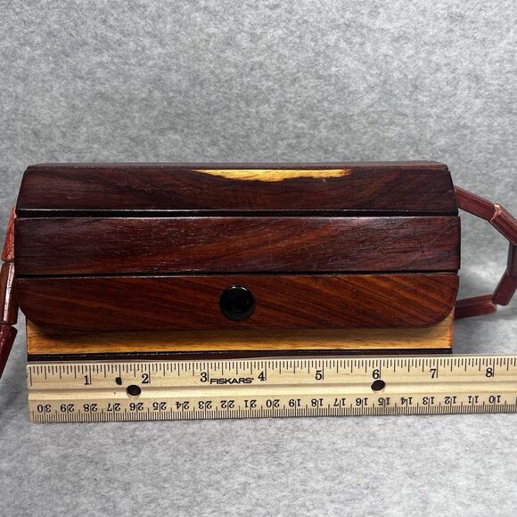 Vintage 70s Wooden Slat Shoulder Bag Small Size Two Tone Lined Snap Button Boho - Picture 10 of 15
